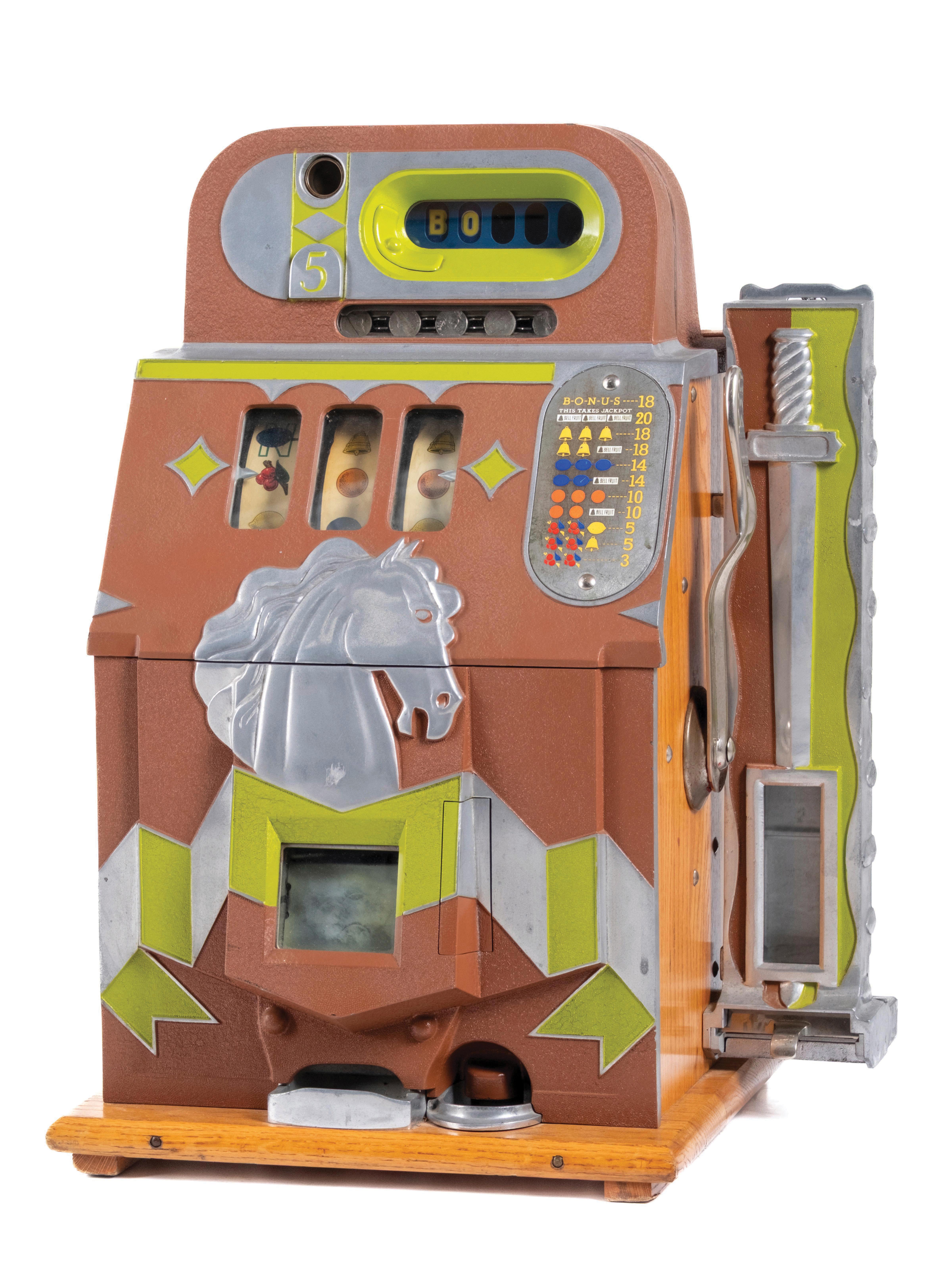 Slot Machine Side Lot Detail - 5¢ MILLS HORSE HEAD BONUS SLOT MACHINE WITH SIDE VENDER