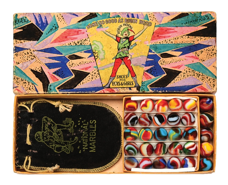 PELTIER STAIN GLASS WITH ROBIN HOOD SHOES ADVERTISING BOX SET