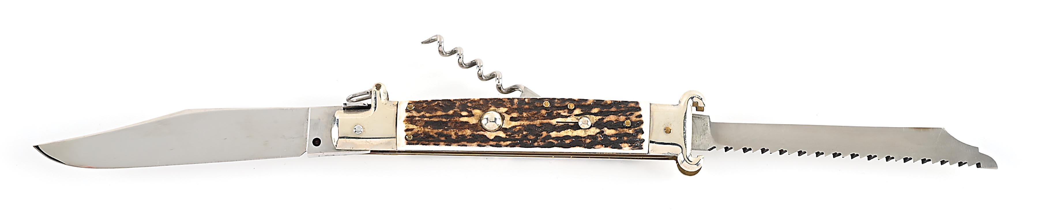 Shell Handle Switchblade Lot Detail - C. 1950S-60S UNMARKED LARGE ITALIAN STAG HANDLE MULTI ...