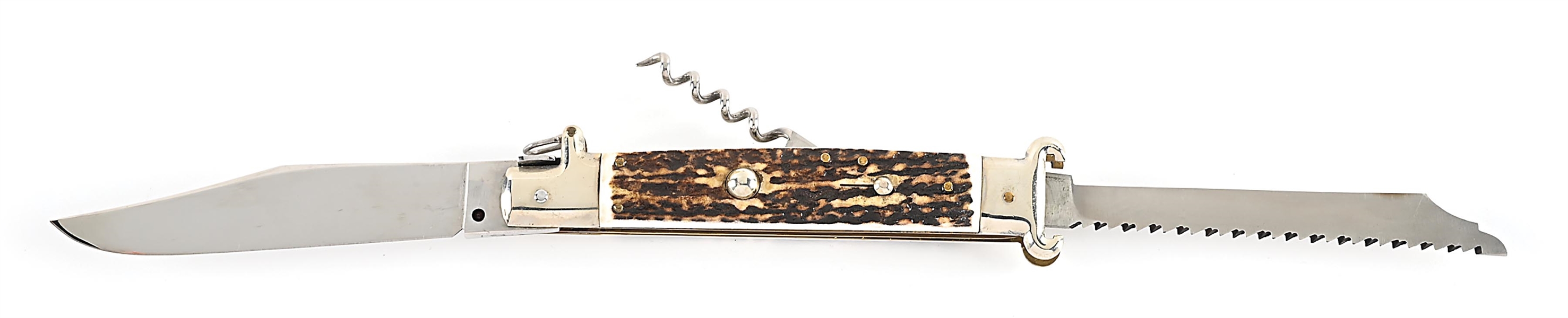 Shell Handle Switchblade Lot Detail - C. 1950S-60S UNMARKED LARGE ITALIAN STAG HANDLE MULTI ...