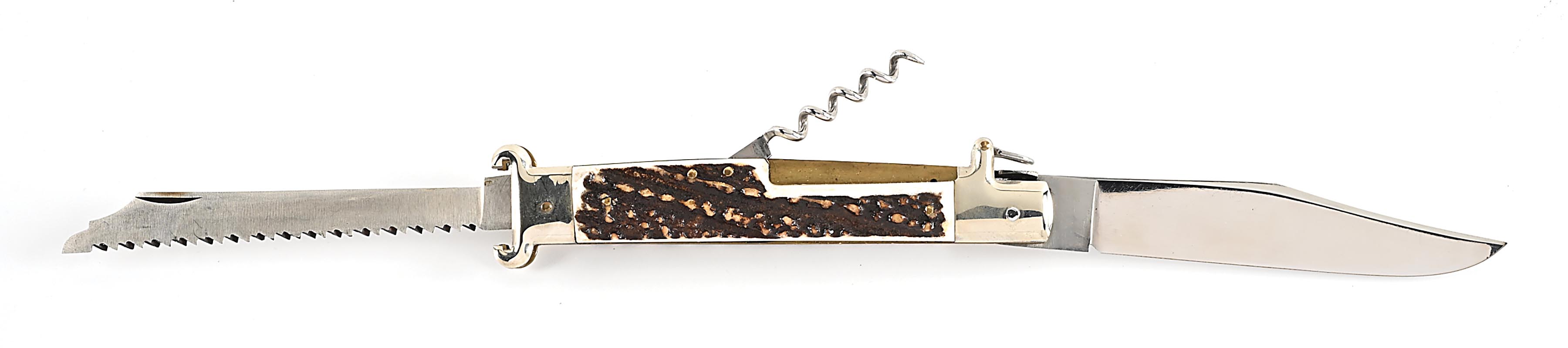 Shell Handle Switchblade Lot Detail - C. 1950S-60S UNMARKED LARGE ITALIAN STAG HANDLE MULTI ...