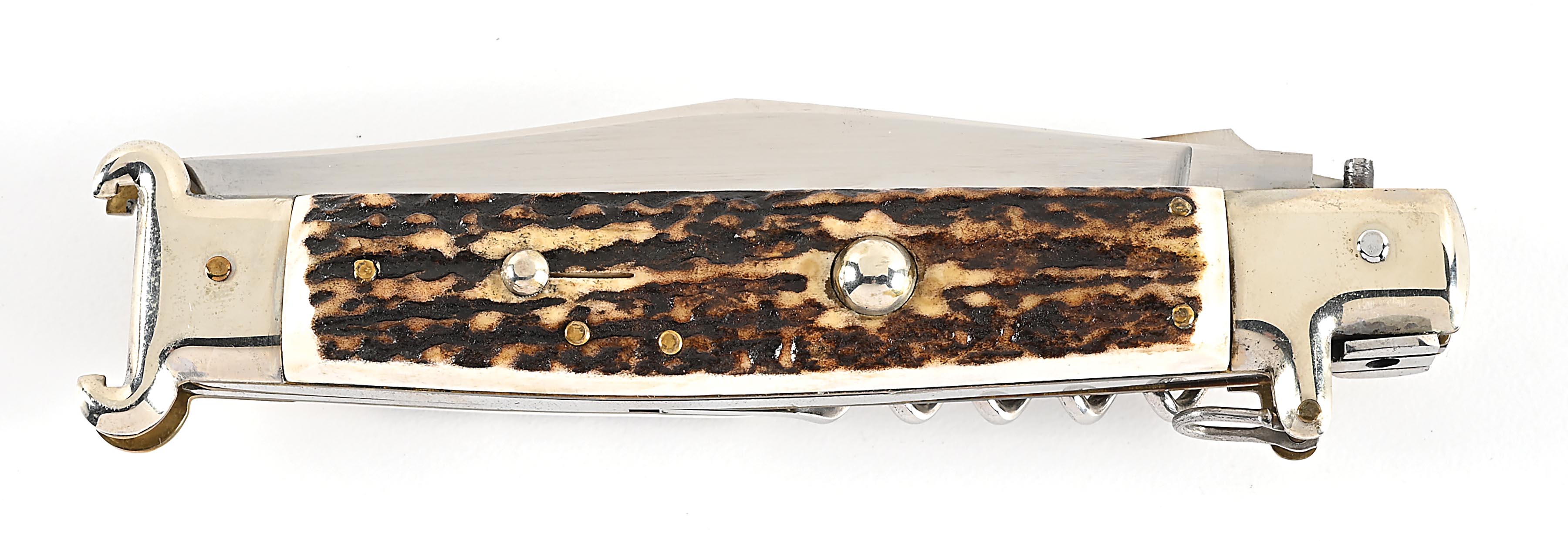 Shell Handle Switchblade Lot Detail - C. 1950S-60S UNMARKED LARGE ITALIAN STAG HANDLE MULTI ...
