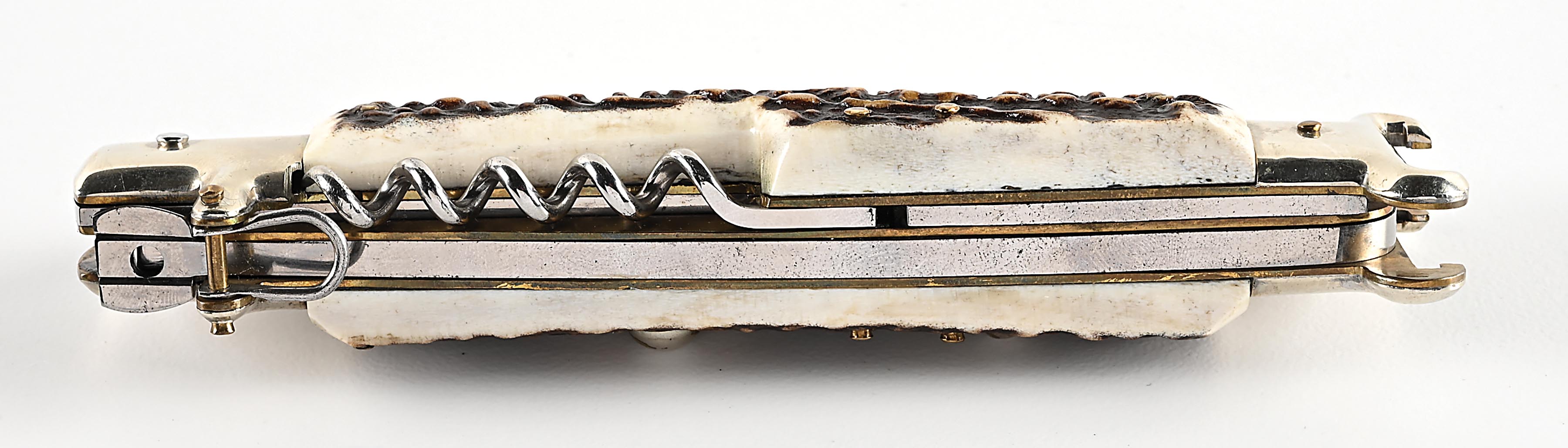 Shell Handle Switchblade Lot Detail - C. 1950S-60S UNMARKED LARGE ITALIAN STAG HANDLE MULTI ...