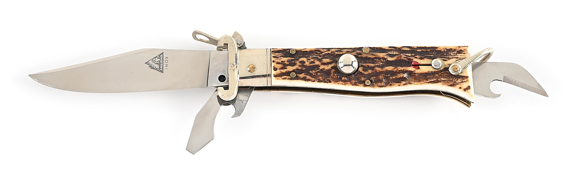 Shell Handle Switchblade Lot Detail - C. 1950S-60S INDIANA INOX STAG HANDLE MULTI-BLADE SHOT ...