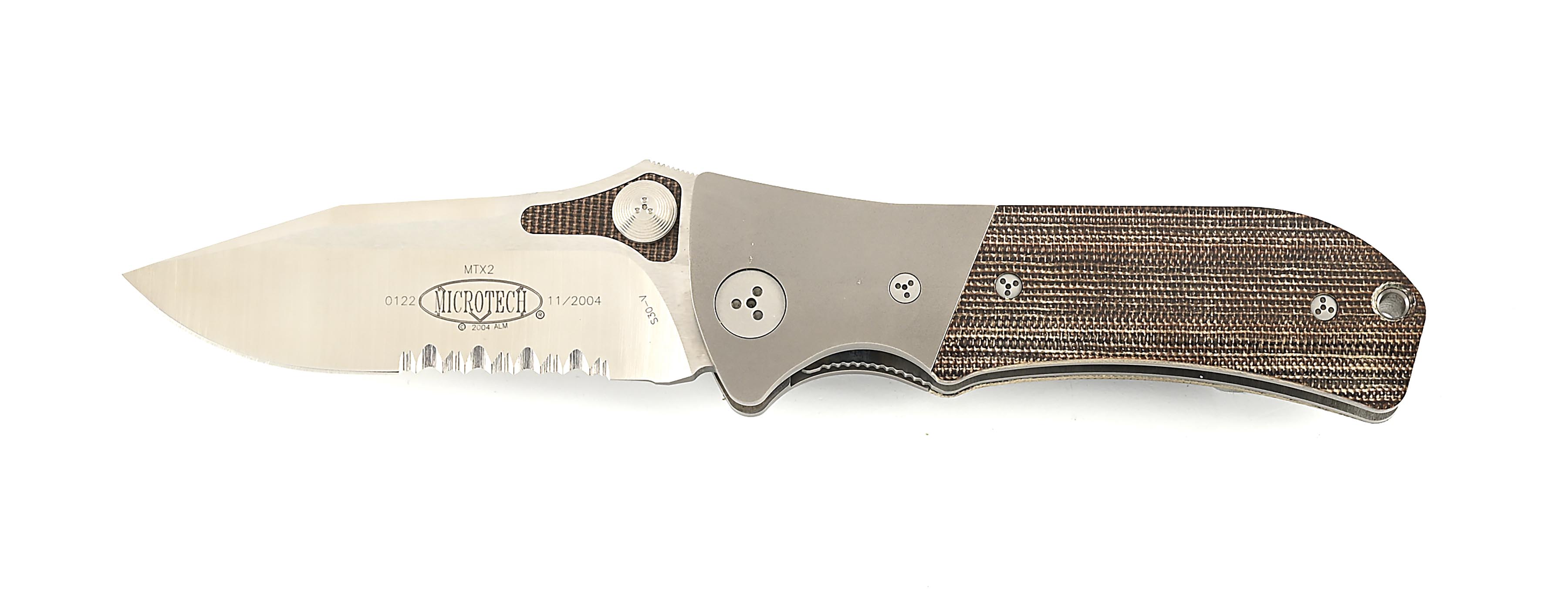 Lot Detail - MICROTECH MTX-2 MANUAL ACTION GREEN CANVAS MICARTA HANDLES.