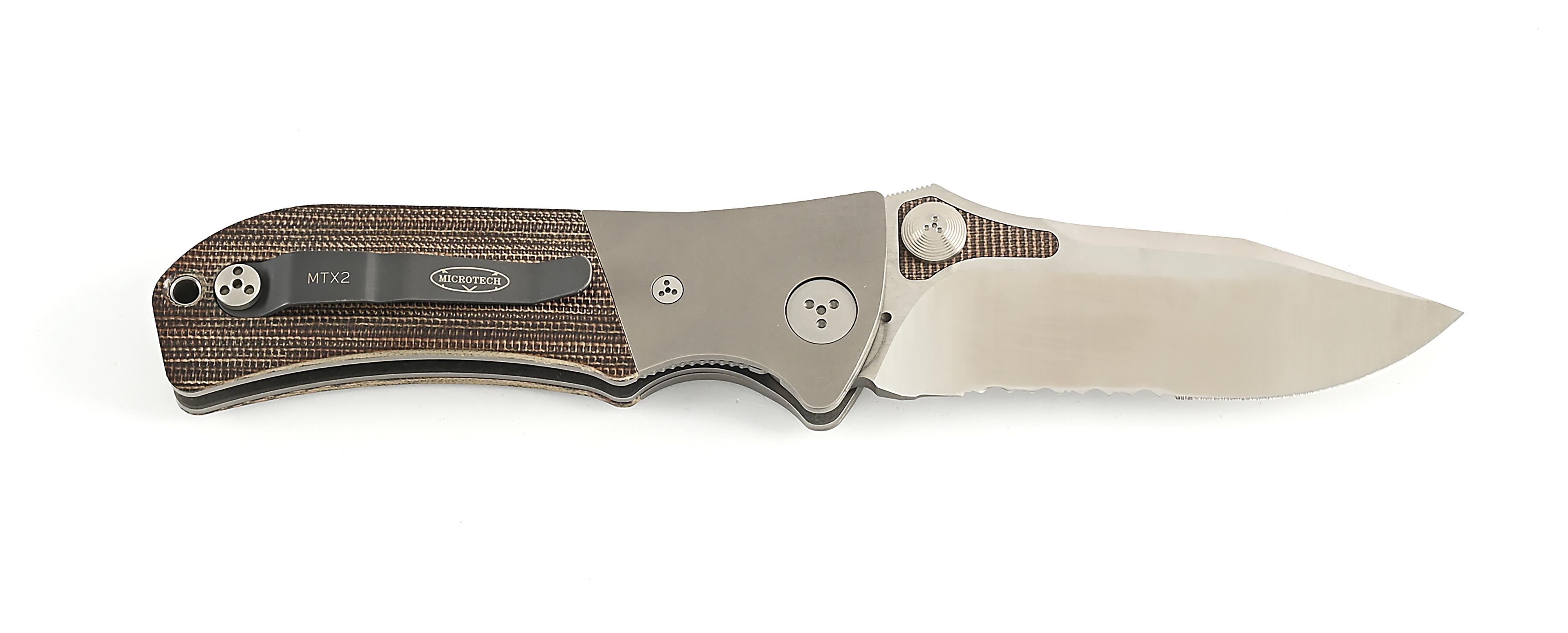 Lot Detail - MICROTECH MTX-2 MANUAL ACTION GREEN CANVAS MICARTA HANDLES.