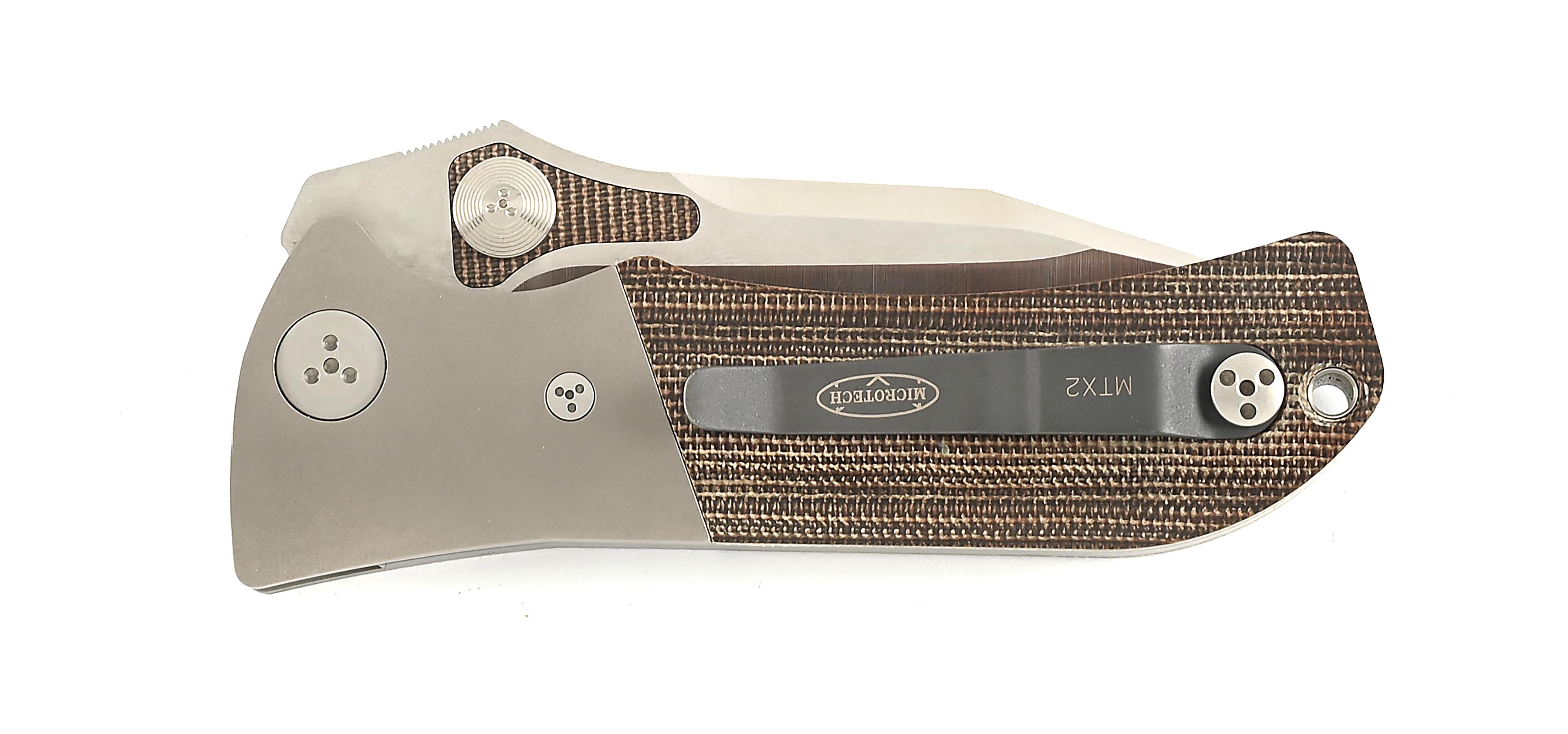 Lot Detail - MICROTECH MTX-2 MANUAL ACTION GREEN CANVAS MICARTA HANDLES.