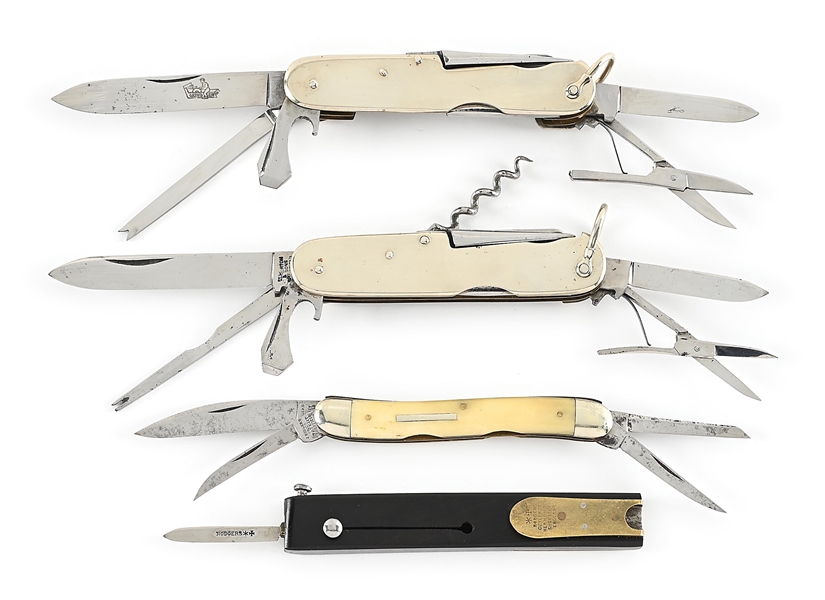 LOT OF 4: SHEFFIELD ENGLAND MULTI-BLADE POCKET KNIVES AND QUILL CUTTER. 