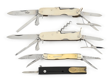 LOT OF 4: SHEFFIELD ENGLAND MULTI-BLADE POCKET KNIVES AND QUILL CUTTER. 