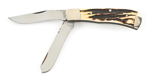 CUSTOM MADE BILL RUPLE STAG HANDLE TWO BLADE TRAPPER SLIP JOINT FOLDER.