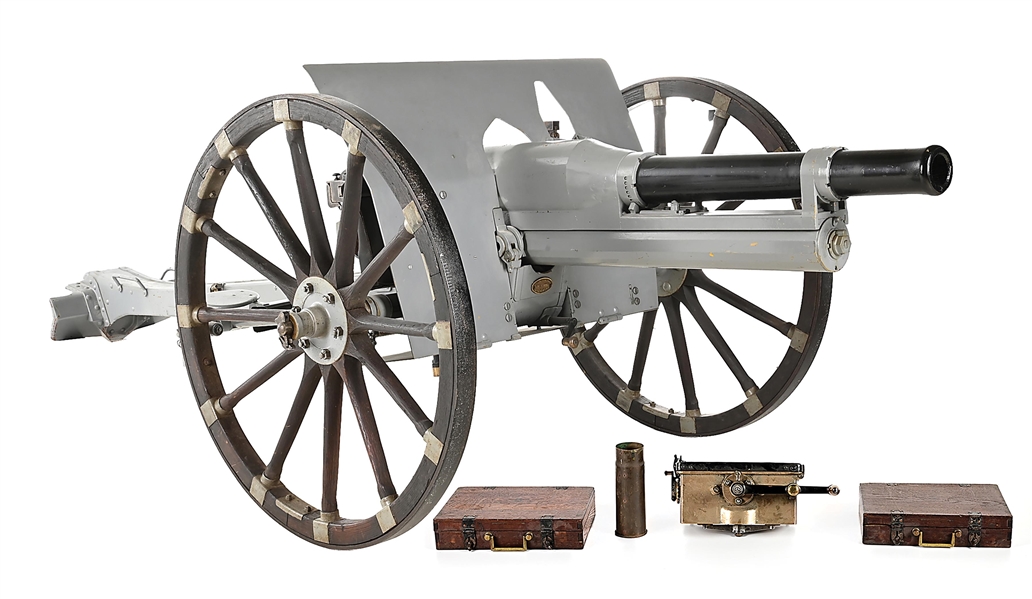 (D) EXCEPTIONAL CONDITION ST CHAMOND 75MM FIELD GUN ON ORIGINAL STEEL MOUNT WITH ORIGINAL SIGHT AND LEATHER PARTS SATCHEL (DESTRUCTIVE DEVICE).