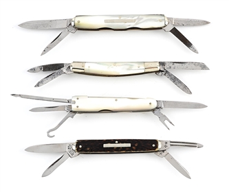 LOT OF 4: MOTHER OF PEARL AND STAG HANDLE MULTI-BLADE SHEFFIELD SENATOR, CONGRESS, AND COMPLEX PIPE/CIGAR SMOKER POCKET KNIVES. 