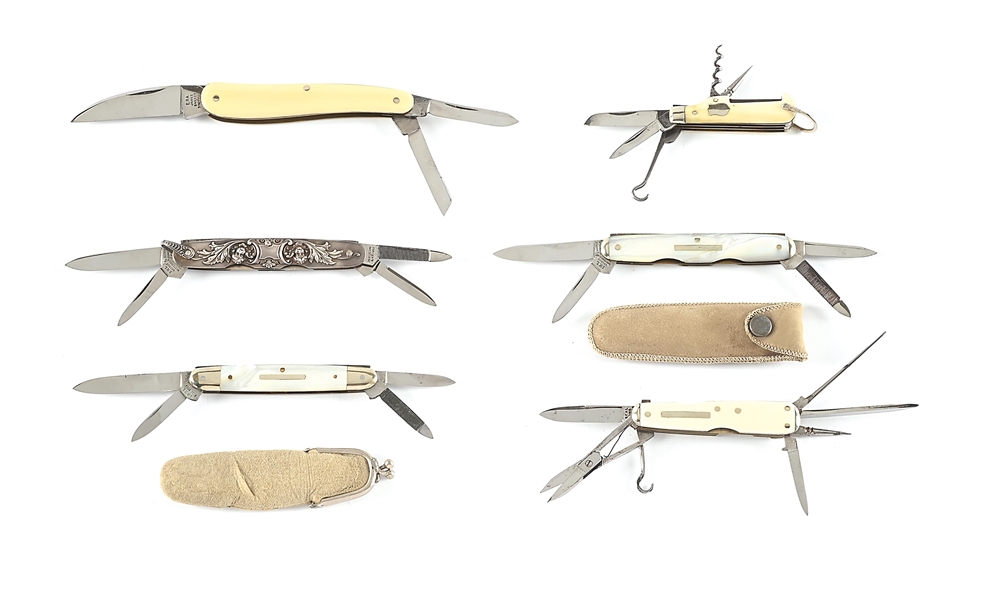 LOT OF 6: SHEFFIELD ENGLAND POCKET KNIVES. IXL, J. BEAL, HUMPHREY. PEARL, IVORY