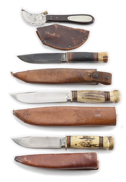 LOT OF 4: MARBLE’S AND MSA SHEATH KNIVES, FISH KNIFE, STAG CANOES, AND IDEAL STAG WITH TUBE SHEATHS.