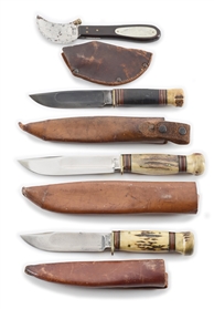 LOT OF 4: MARBLE’S AND MSA SHEATH KNIVES, FISH KNIFE, STAG CANOES, AND IDEAL STAG WITH TUBE SHEATHS.