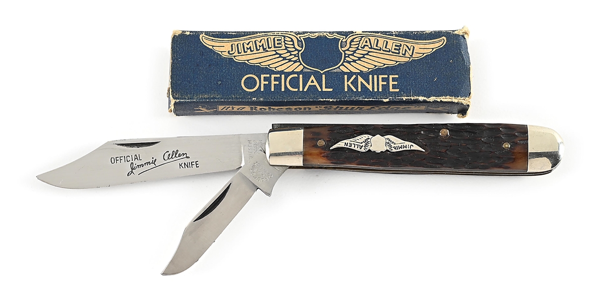 ROBESON SHUREDGE ROCHESTER, NY 622100 JIMMIE ALLEN 2 BLADE JACK KNIFE WITH BONE HANDLES AND FULL BLADE ETCH IN ORIGINAL BOX.