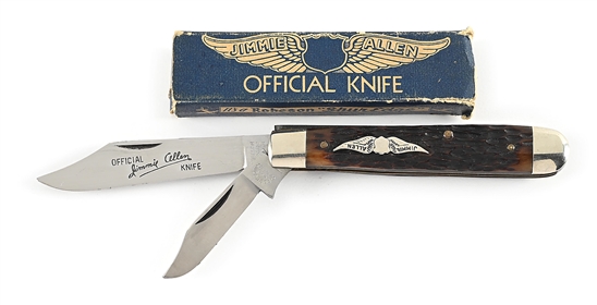 ROBESON SHUREDGE ROCHESTER, NY 622100 JIMMIE ALLEN 2 BLADE JACK KNIFE WITH BONE HANDLES AND FULL BLADE ETCH IN ORIGINAL BOX.
