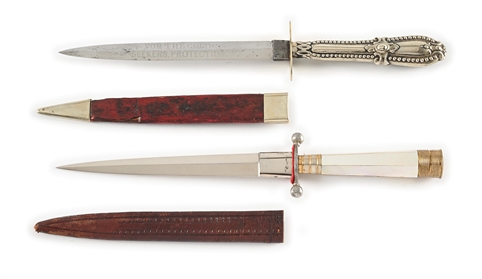 LOT OF 2: GOLD RUSH ERA DAGGERS WITH ONE ETCHED GOLD SEEKERS PROTECTION.