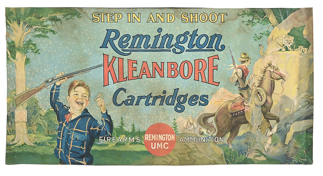 RARE REMINGTON-UMC ARMS AND AMMUNITION FULL COLOR CANVAS BANNER, CIRCA 1936.