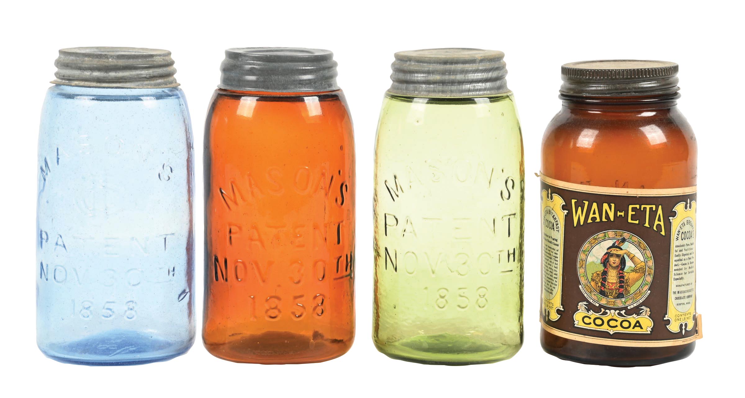 Farm Jars Color Lot Detail - COLLECTION OF 4: COLORED MASON JARS & A COCOA JAR