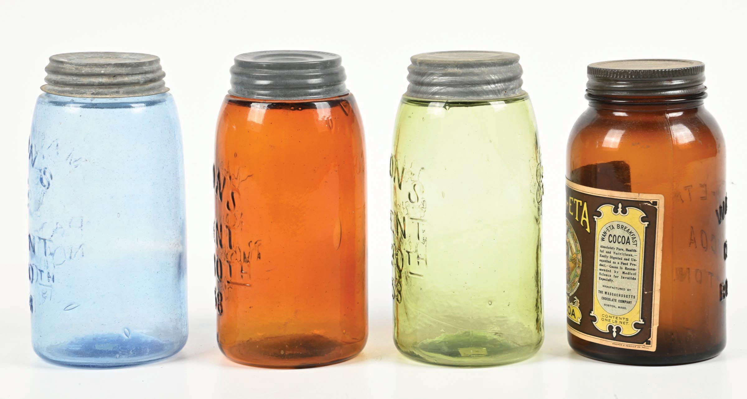 Farm Jars Color Lot Detail - COLLECTION OF 4: COLORED MASON JARS & A COCOA JAR