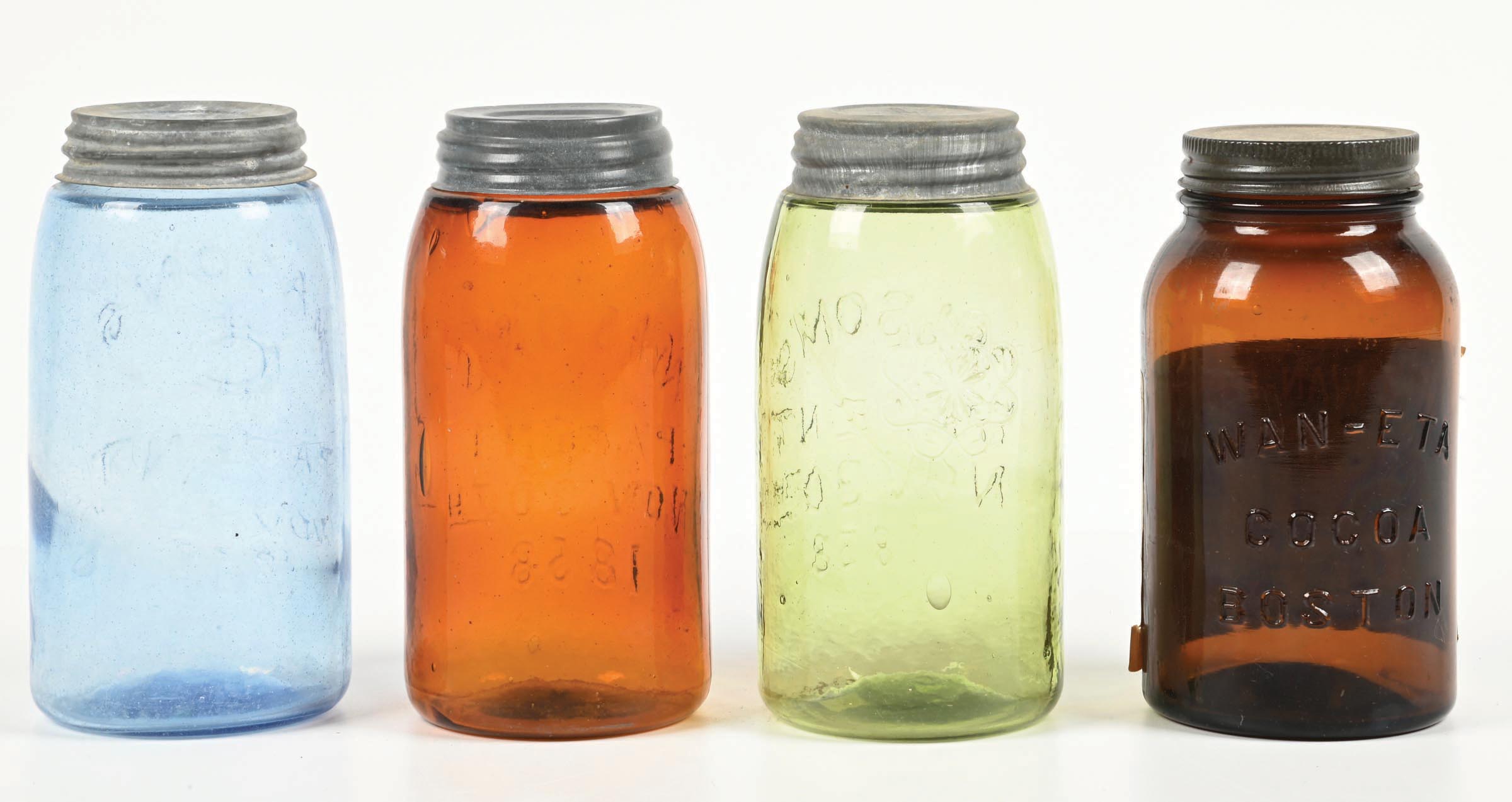Farm Jars Color Lot Detail - COLLECTION OF 4: COLORED MASON JARS & A COCOA JAR