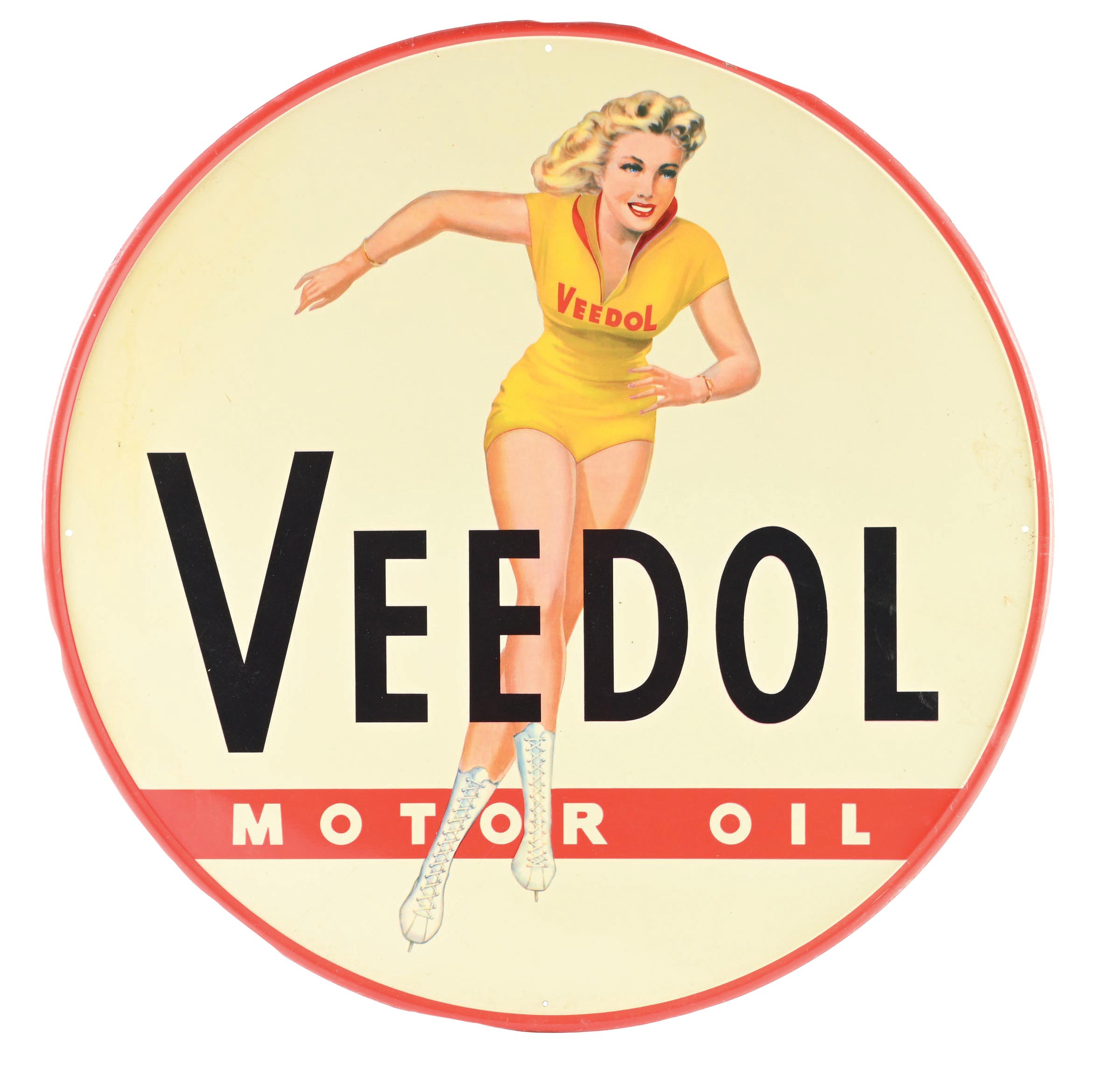Lot Detail - VEEDOL MOTOR OIL TIN SIGN W/ SKATING GIRL GRAPHIC