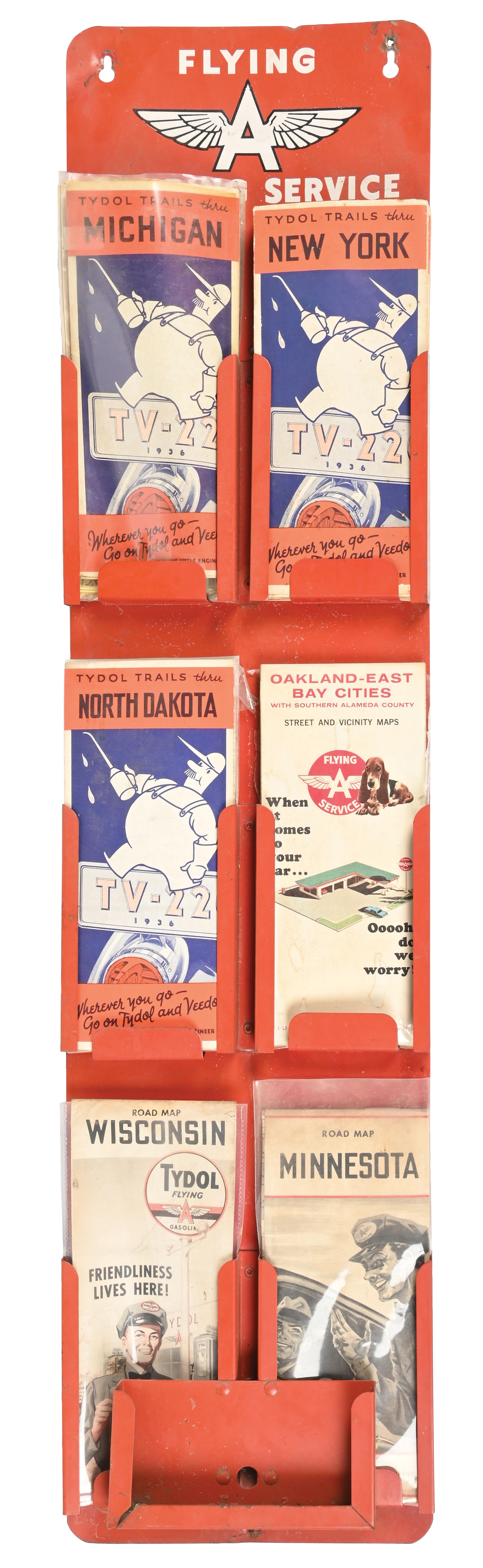 Flying Wall Rack Room Lot Detail - FLYING A TOURING SERVICE TIN WALL MAP RACK W/ MAPS