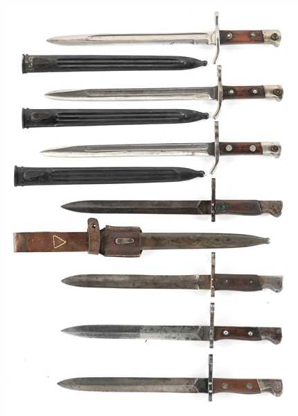 LOT OF 7: FINNISH M1928 AND SERBIAN M1899 BAYONETS.
