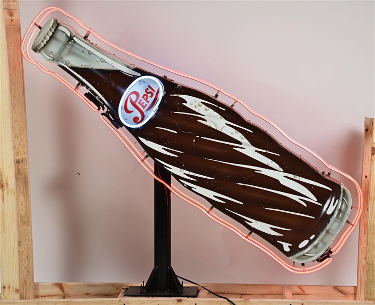 UNIQUE & RARE PEPSI BOTTLE-SHAPED DOUBLE-SIDED NEON SIGN ON METAL STAND