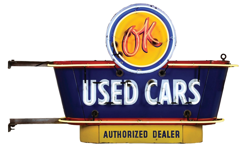 OK USED CARS COMPLETE PORCELAIN NEON SIGN W/ BULLNOSE ATTACHMENTS 