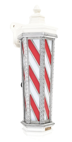 EARLY KOKEN PORCELAIN BARBER POLE WITH STAINED GLASS PANELS