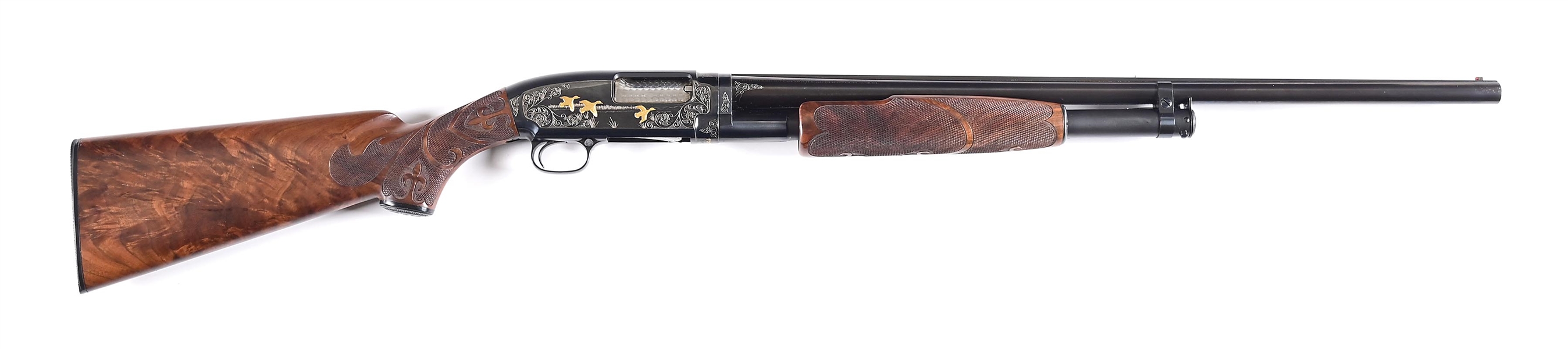 (C) UPGRADE PRE WAR ENGRAVED & GOLD WINCHESTER MODEL 12 SLIDE ACTION 16 GAUGE SHOTGUN.