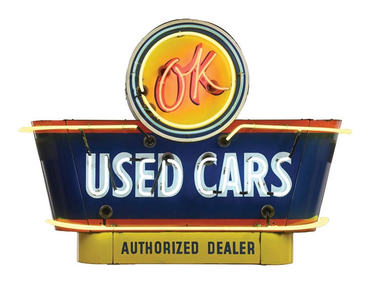 OUTSTANDING OK USED CARS COMPLETE PORCELAIN NEON SIGN W/ BULLNOSE EDGES