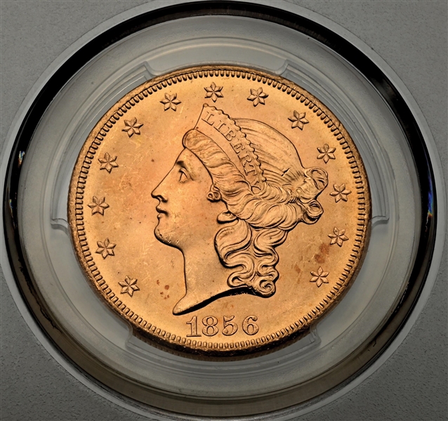 1856-S $20 SHIPWRECK LIBERTY FULL SERIF, BOLD S, MS64 PCGS