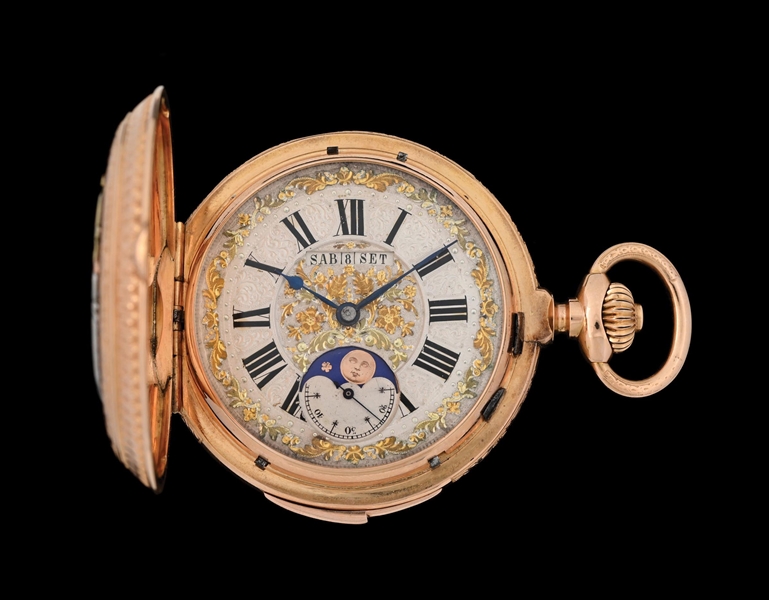 18K GOLD GEROME HOFF & SON QUARTER-HOUR REPEATING TRIPLE DATE CALENDAR H/C MOON PHASE POCKET WATCH