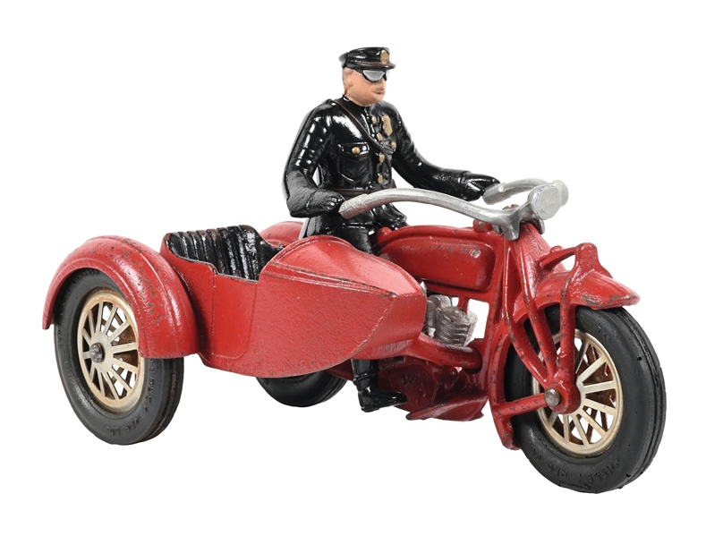 INDIAN POLICE OFFICER CAST IRON MOTORCYCLE TOY WITH SIDE CAR