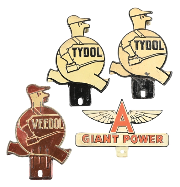COLLECTION OF 4: TYDOL & FLYING A EMBOSSED TIN LICENSE PLATE TOPPERS