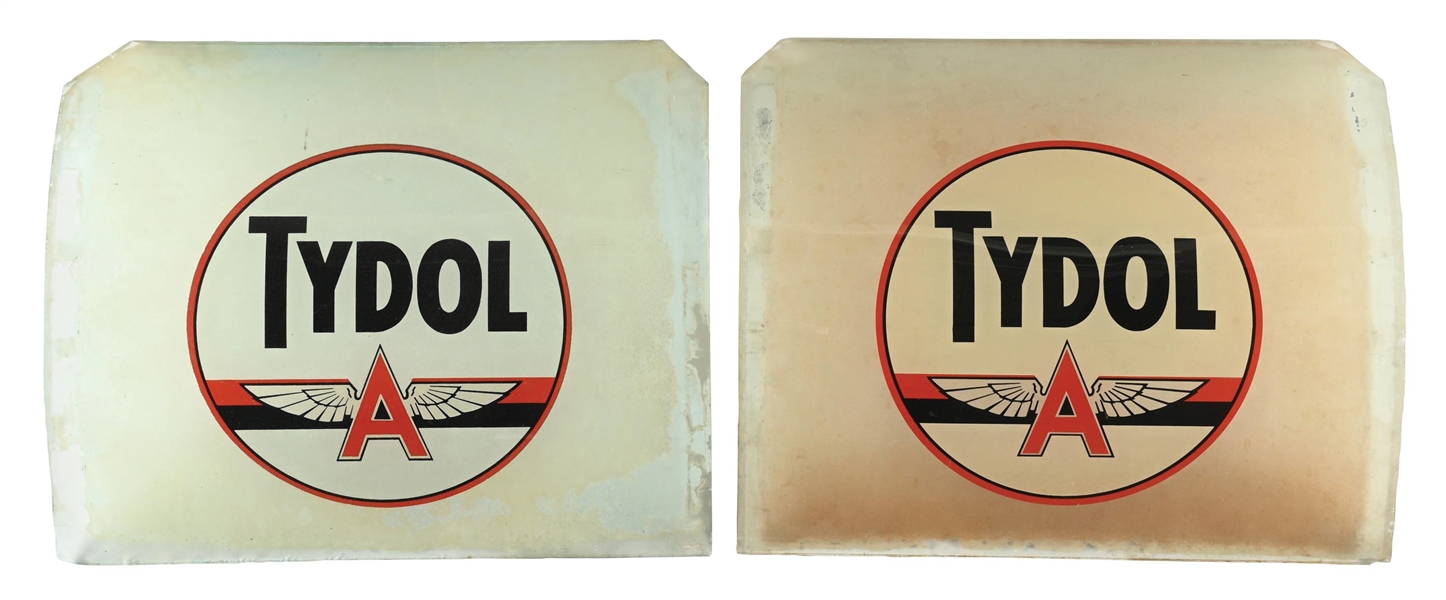 COLLECTION OF 2: TYDOL FLYING A GASOLINE A-38 AD GLASS PANELS 