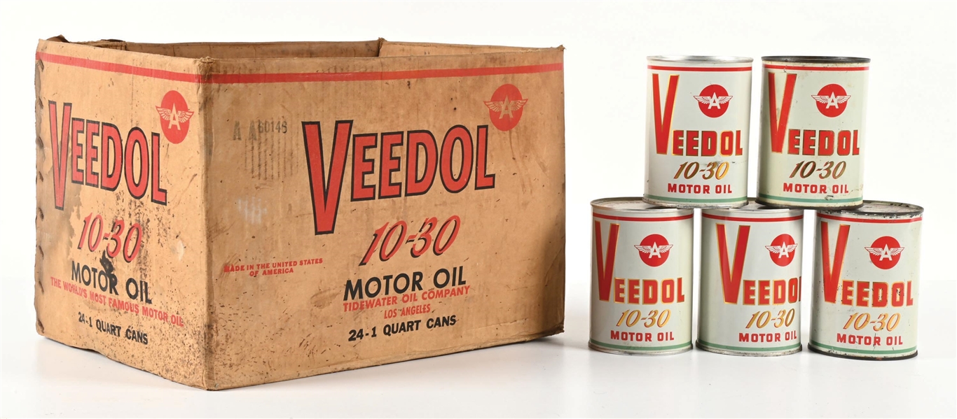 COLLECTION OF 5: VEEDOL MOTOR OIL QUART CANS IN ORIGINAL VEEDOL BOX
