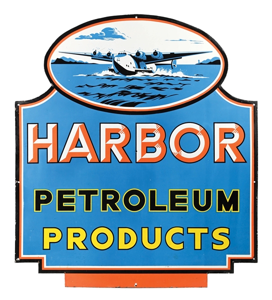HARBOR PETROLEUM PRODUCTS PORCELAIN SIGN WITH SEAPLANE GRAPHIC AGS 90