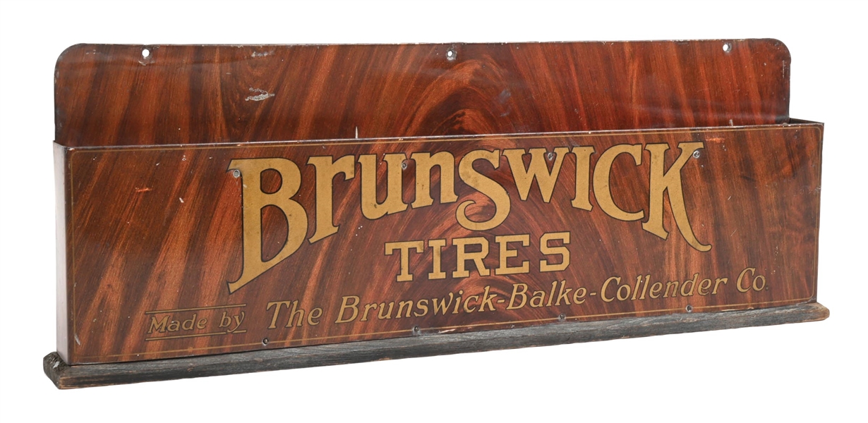 BRUNSWICK TIRES TIN COUNTERTOP DISPLAY W/ ORIGINAL WOODEN BASE