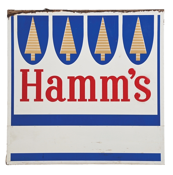 HAMMS BEER LARGE EMBOSSED TIN SIGN ON WOOD BACKING