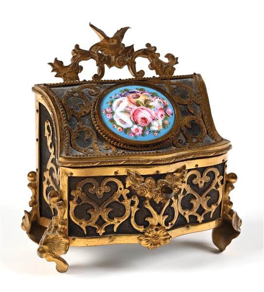 FRENCH GILD BRONZE & PORCELAIN PERFUME CASKET WITH 2 PERFUMES