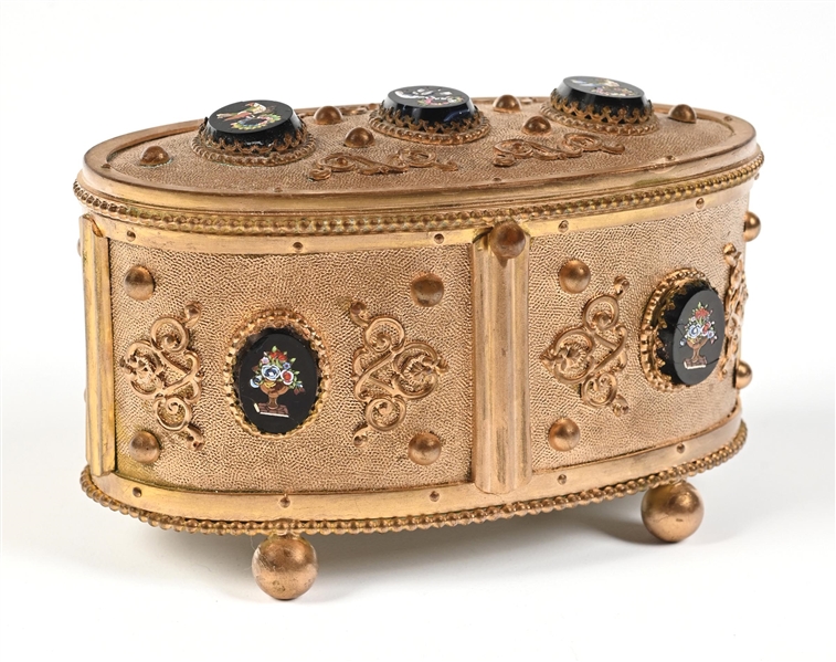FRENCH GILDED PERFUME CASKET FEATURING PORCELAIN ENAMEL PANELS 