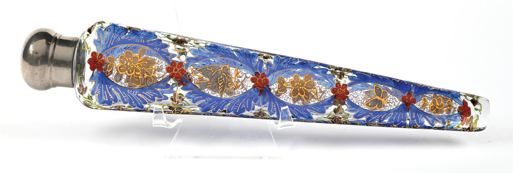 MOSER/HARRACH CLEAR ICICLE-SHAPED PERFUME BOTTLE WITH GOLD FOLIAGE 