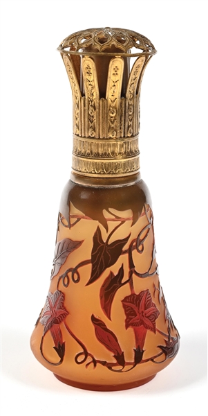 DARGENTAL CAMEO GLASS PERFUME BURNER AMBER WITH RED FLORAL OVERLAY BODY PERFUME