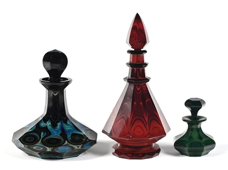 LOT OF 3: BOHEMIAN LITHYALIN PERFUME BOTTLES