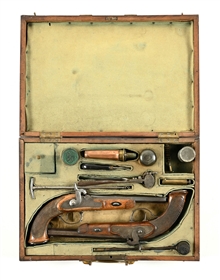(A) CASED MATCH SET OF SWISS J. GILLI  PERCUSSION SINGLE SHOT TARGET PISTOLS.