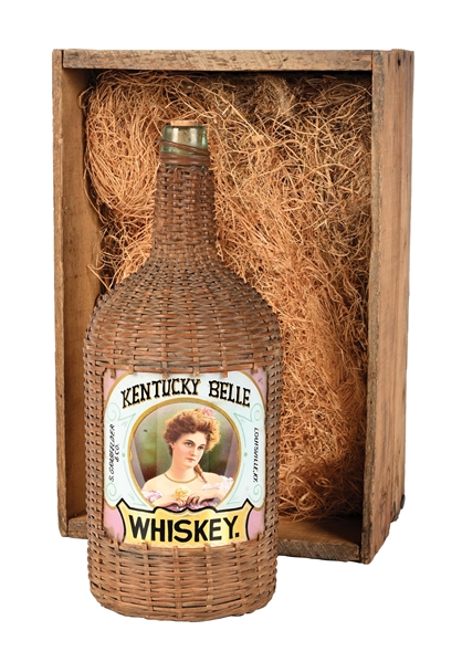 S. GRABFELDER & CO. KENTUCKY BELLE WHISKEY LABEL UNDER GLASS BOTTLE WITH CRATE